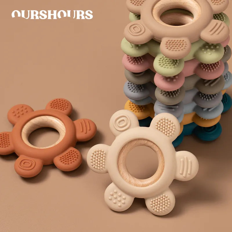 Infant Wooden Ring Baby Silicone Teether Toy